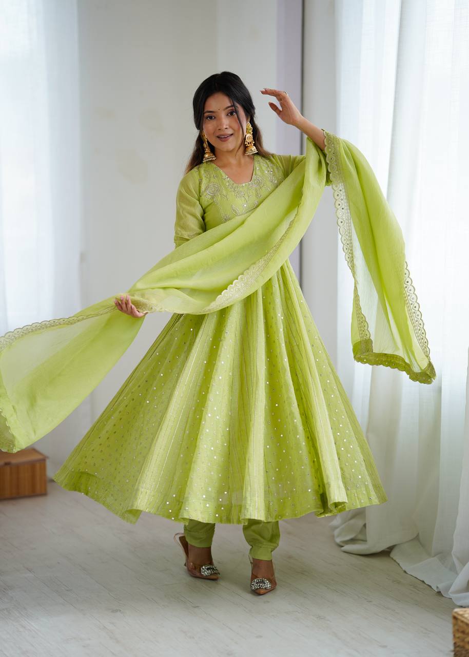Step into elegance with this light pistachio Anarkali