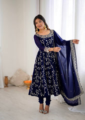 Royal Neavy Blue Blossom Embroidered Anarkali