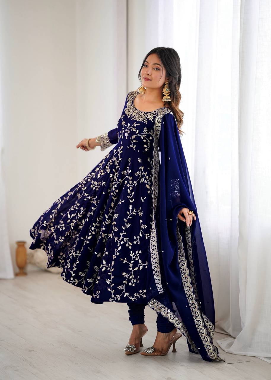 Royal Neavy Blue Blossom Embroidered Anarkali