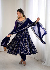 Royal Neavy Blue Blossom Embroidered Anarkali