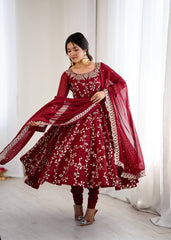 Royal Red Blossom Embroidered Anarkali