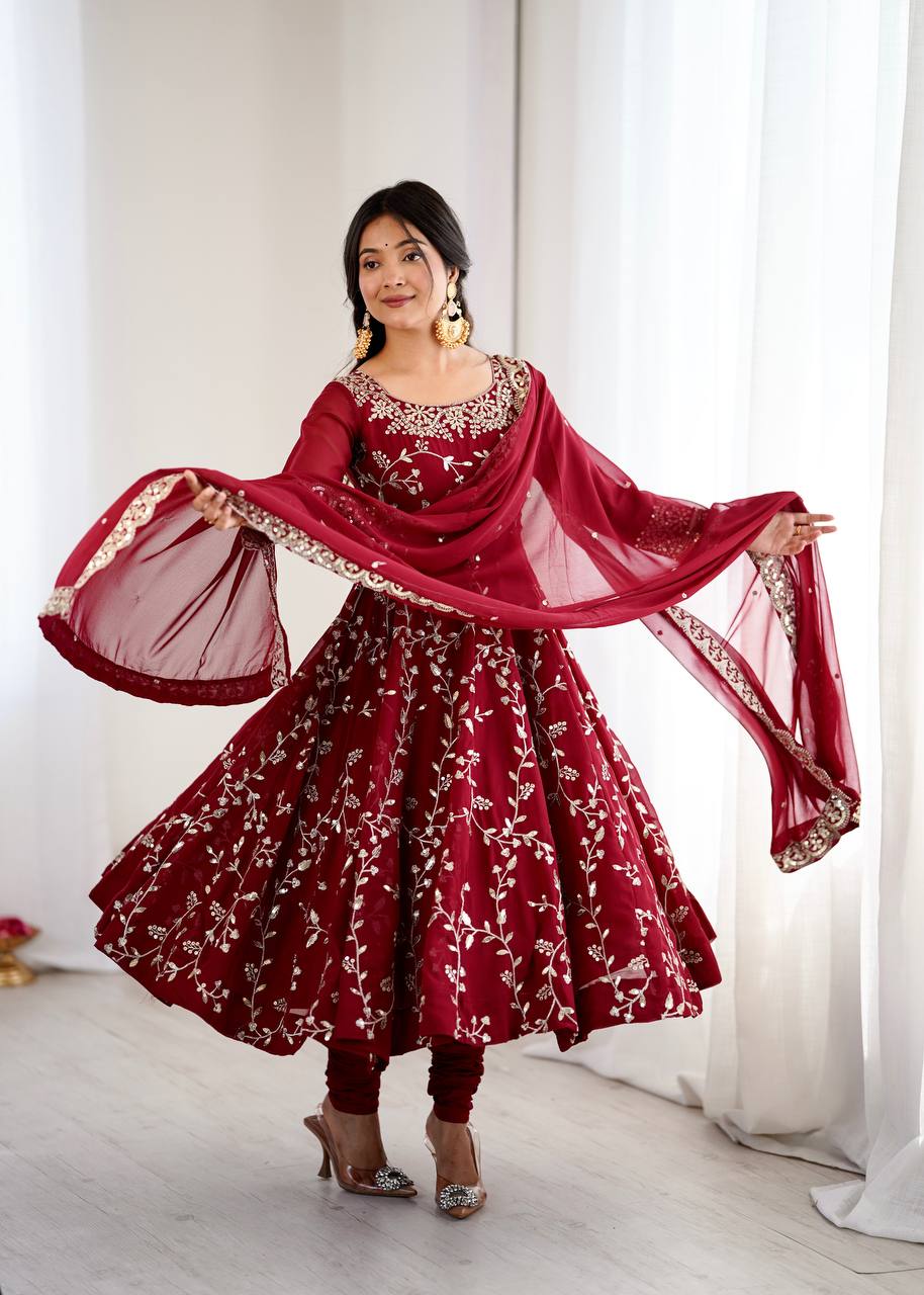 Royal Red Blossom Embroidered Anarkali