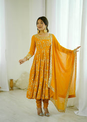 Royal Mustard Blossom Embroidered Anarkali