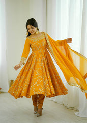 Royal Mustard Blossom Embroidered Anarkali