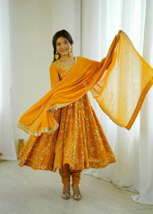 Royal Mustard Blossom Embroidered Anarkali