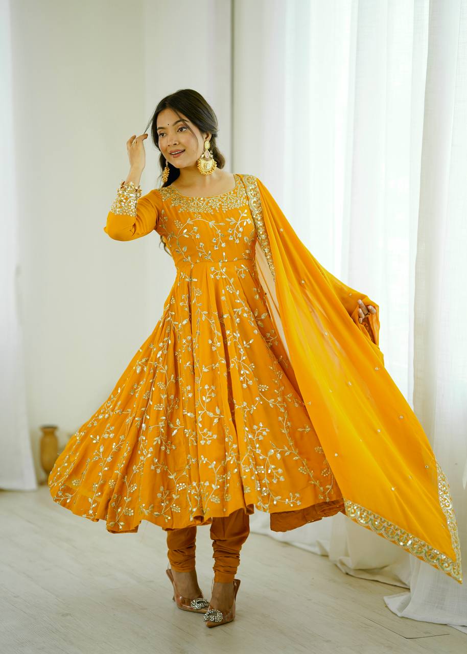 Royal Mustard Blossom Embroidered Anarkali