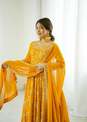 Royal Mustard Blossom Embroidered Anarkali