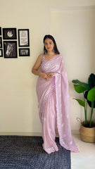 Crush Sequence Worked Georgette Pink Saree