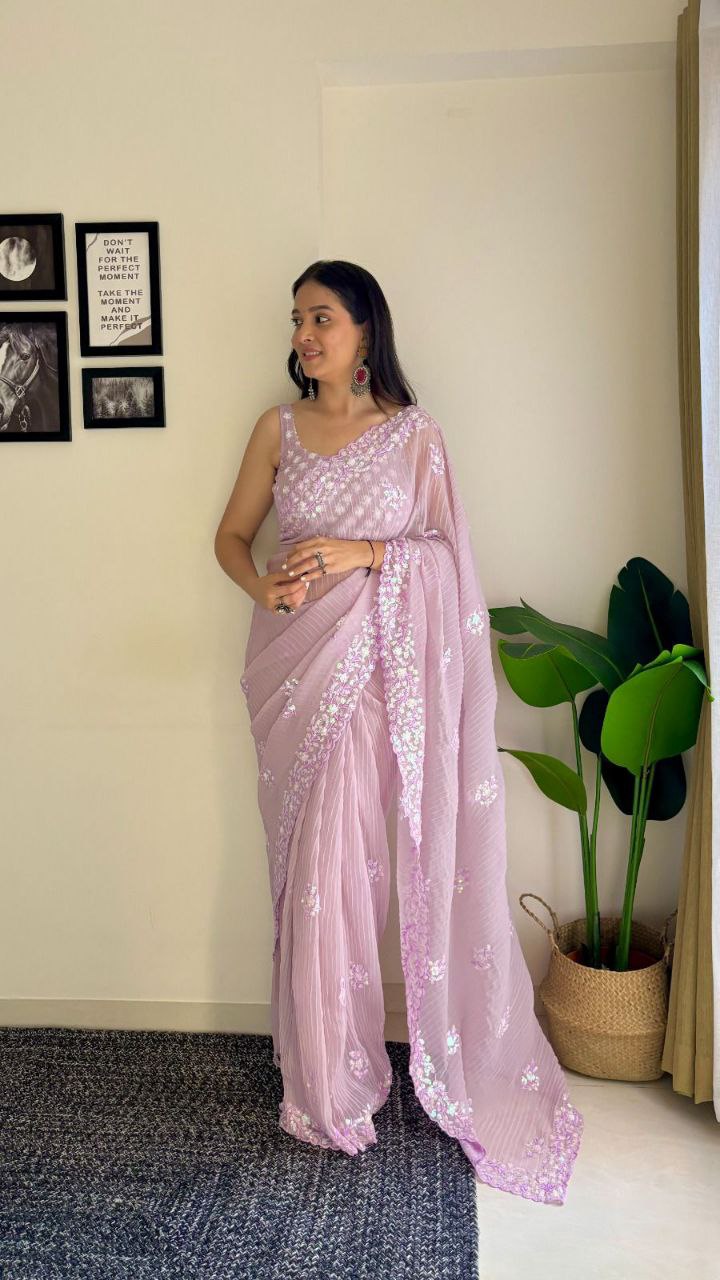 Crush Sequence Worked Georgette Pink Saree