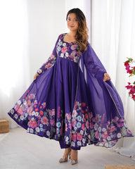 Nitara Royal Purple Floral Print with Handwork Organza Anarkali