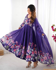 Nitara Royal Purple Floral Print with Handwork Organza Anarkali