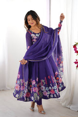 Nitara Royal Purple Floral Print with Handwork Organza Anarkali