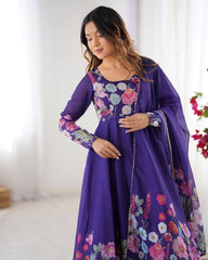 Nitara Royal Purple Floral Print with Handwork Organza Anarkali