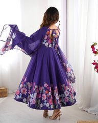 Nitara Royal Purple Floral Print with Handwork Organza Anarkali