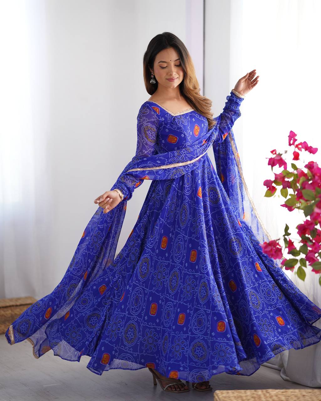 Royal Blue Chiffon Bandhej Ethnic Set