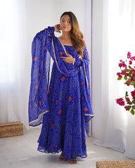 Royal Blue Chiffon Bandhej Ethnic Set