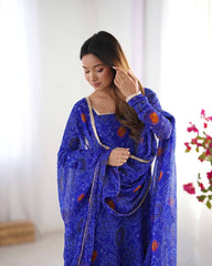 Royal Blue Chiffon Bandhej Ethnic Set
