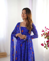 Royal Blue Chiffon Bandhej Ethnic Set