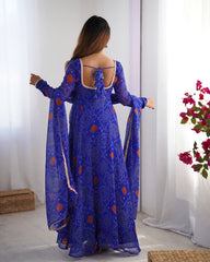 Royal Blue Chiffon Bandhej Ethnic Set
