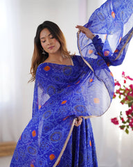 Royal Blue Chiffon Bandhej Ethnic Set