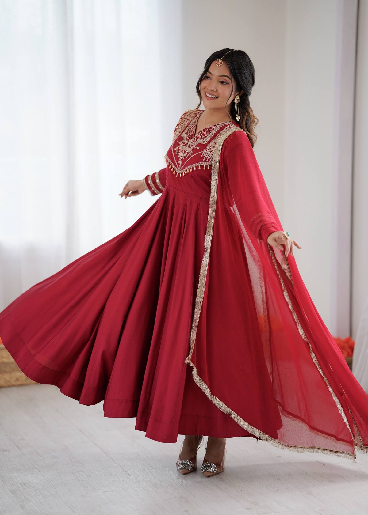 Radiant Red Roman Silk Embroidered Anarkali Set