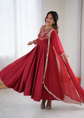 Radiant Red Roman Silk Embroidered Anarkali Set