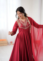 Radiant Red Roman Silk Embroidered Anarkali Set