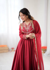 Radiant Red Roman Silk Embroidered Anarkali Set