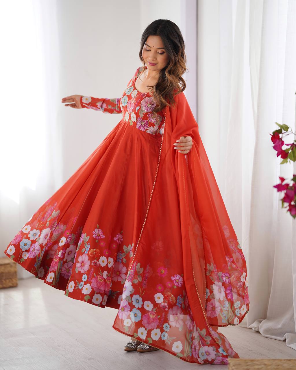 Nitara Royal Orange Floral Print with Handwork Organza Anarkali