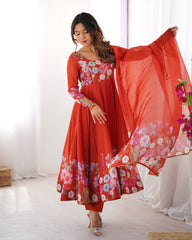 Nitara Royal Orange Floral Print with Handwork Organza Anarkali
