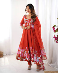 Nitara Royal Orange Floral Print with Handwork Organza Anarkali