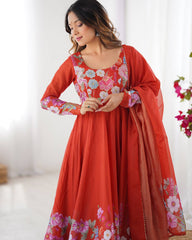 Nitara Royal Orange Floral Print with Handwork Organza Anarkali