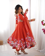 Nitara Royal Orange Floral Print with Handwork Organza Anarkali