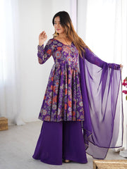 Elegant Floral Purple Chanderi Palazzo Set