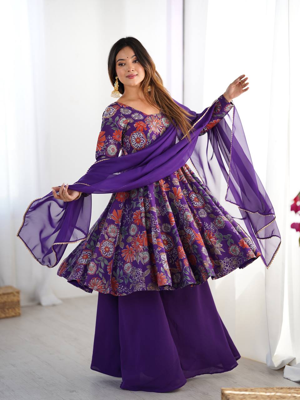Elegant Floral Purple Chanderi Palazzo Set