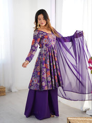 Elegant Floral Purple Chanderi Palazzo Set