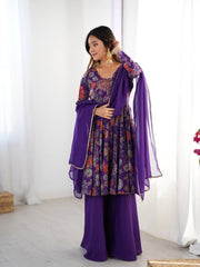 Elegant Floral Purple Chanderi Palazzo Set