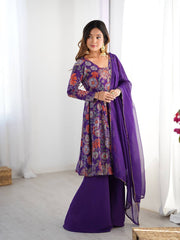 Elegant Floral Purple Chanderi Palazzo Set
