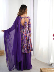 Elegant Floral Purple Chanderi Palazzo Set