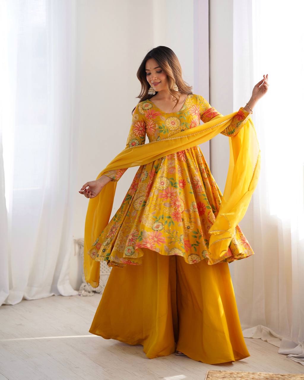 Elegant Mustard Floral  Chanderi Palazzo Set