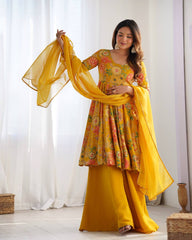Elegant Mustard Floral  Chanderi Palazzo Set