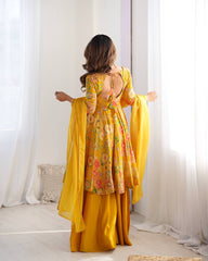 Elegant Mustard Floral  Chanderi Palazzo Set