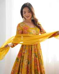 Elegant Mustard Floral  Chanderi Palazzo Set