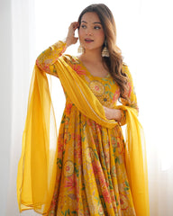 Elegant Mustard Floral  Chanderi Palazzo Set