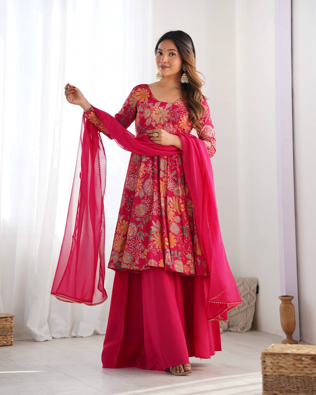 Elegant Pink Floral  Chanderi Palazzo Set