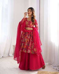 Elegant Pink Floral  Chanderi Palazzo Set