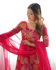 Elegant Pink Floral  Chanderi Palazzo Set