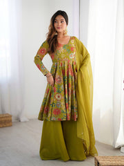 Elegant Mahendi Floral  Chanderi Palazzo Set