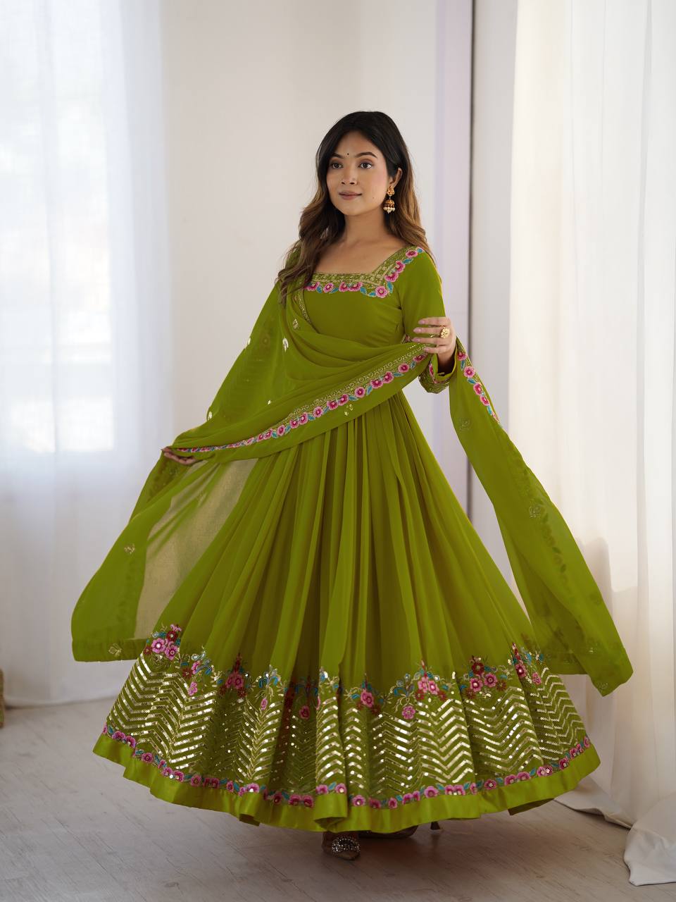 Where Floral Embroidery Meets the Mehendi Green Dream Anarkali