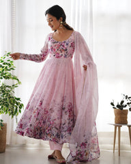Sakura Printed Pure Soft Organza Baby Pink Anarkali Gown